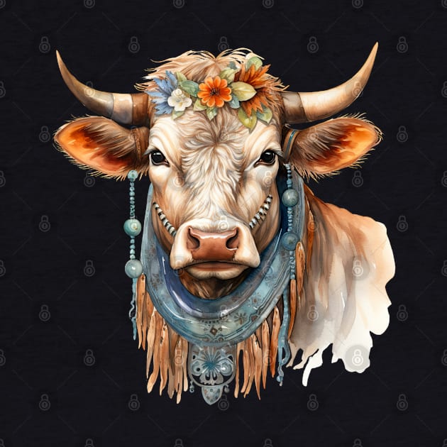 Watercolor Boho Cow #2 by Chromatic Fusion Studio